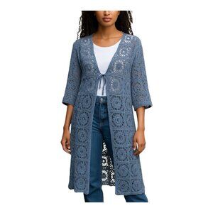 Anthropologie Raj Dusty Blue Crochet Cardigan Kimono Duster One Size Boho Beach